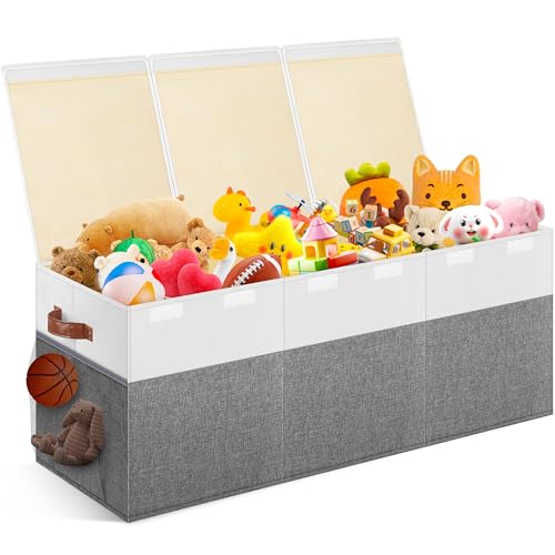 Mabahoo Extra Large Toy Storage Box with Lid Collapsible Sturdy Toys Chest Storage Organizer Bin Basket with Divider for Kids Boys Girls Closet Playroom Bedroom Nursery 40X14X16 Gray White - Image 1