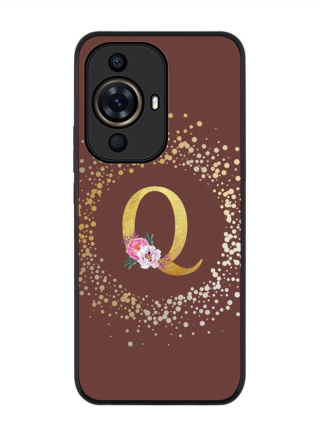 Stylizedd Rugged Black Edge case for Huawei nova 11 Pro,Slim fit Flexible Cover - Custom Monogram Initial Letter Floral Pattern Alphabet - Q (Brown ) - Image 1