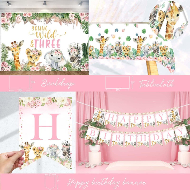 Hombae Young Wild and Three Party Decorations Girl, Safari 3rd Birthday Decorations, Jungle Animal Theme 3 Year Old Party Supplies Backdrop Balloon Banner Tablecloth Cake Topper Plates Napkins Forks - Image 4