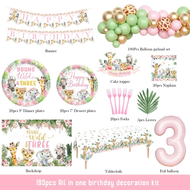 Hombae Young Wild and Three Party Decorations Girl, Safari 3rd Birthday Decorations, Jungle Animal Theme 3 Year Old Party Supplies Backdrop Balloon Banner Tablecloth Cake Topper Plates Napkins Forks - Image 2