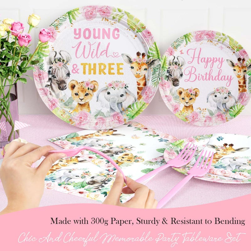 Hombae Young Wild and Three Party Decorations Girl, Safari 3rd Birthday Decorations, Jungle Animal Theme 3 Year Old Party Supplies Backdrop Balloon Banner Tablecloth Cake Topper Plates Napkins Forks - Image 5
