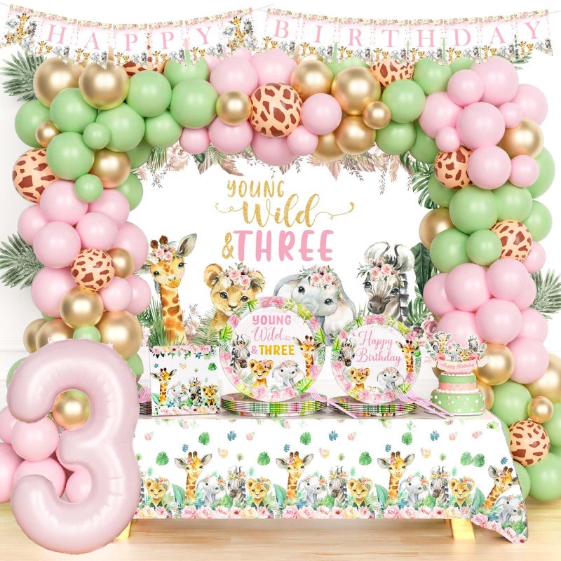 Hombae Young Wild and Three Party Decorations Girl, Safari 3rd Birthday Decorations, Jungle Animal Theme 3 Year Old Party Supplies Backdrop Balloon Banner Tablecloth Cake Topper Plates Napkins Forks - Image 1