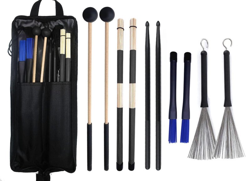 TUOREN Drumstick Bag with Floor Tom Hooks Includ 5 Pairs Drum Sticks Mallets Brushes Set Percussion Instrument Accessories for Kids Adults Drummer Practice Black - Image 1