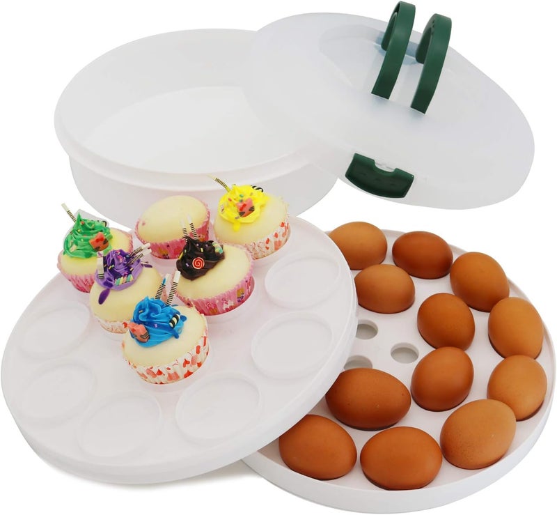 ATRDTO 10 Inch Portable Pie Carrier with Lid and Tray 3-In-1 Round Cupcake Container Egg Holder Muffin Tart Cookie Keeper Food (Green) - Image 2
