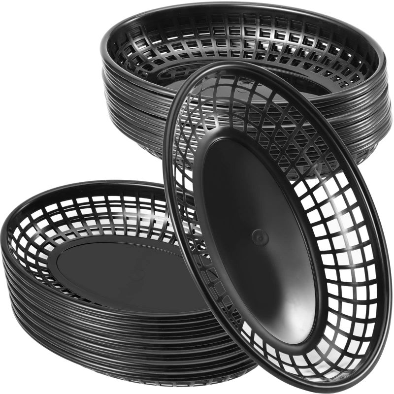 Japchet 60 Pack 9.4 X 6.1 Inch Black Fast Food Baskets  Oval Plastic Fast Food Serving Basket  Restaurant Serving Baskets For Burgers  Deli  Sandwiches  Fries  Easy Clean - Image 1