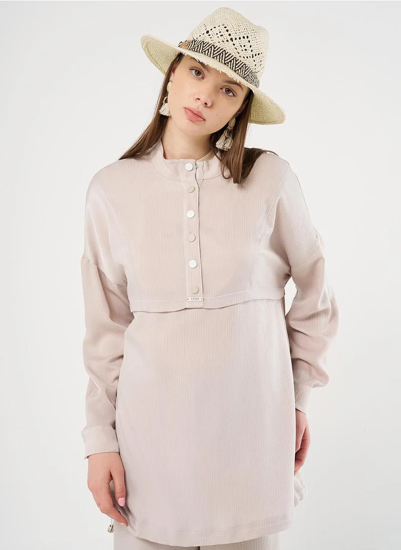 Kayra Snap-Button Closure High-Neck Sweatshirt in Stone