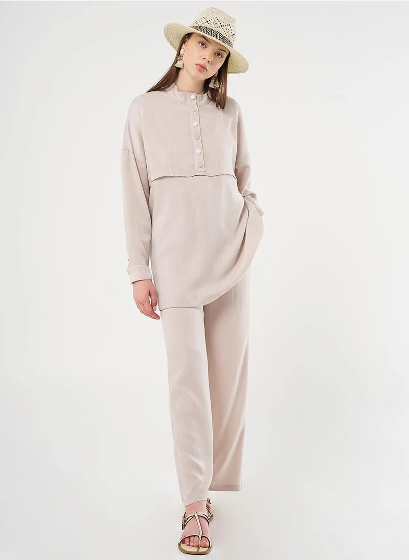Kayra Snap-Button Closure High-Neck Sweatshirt in Stone