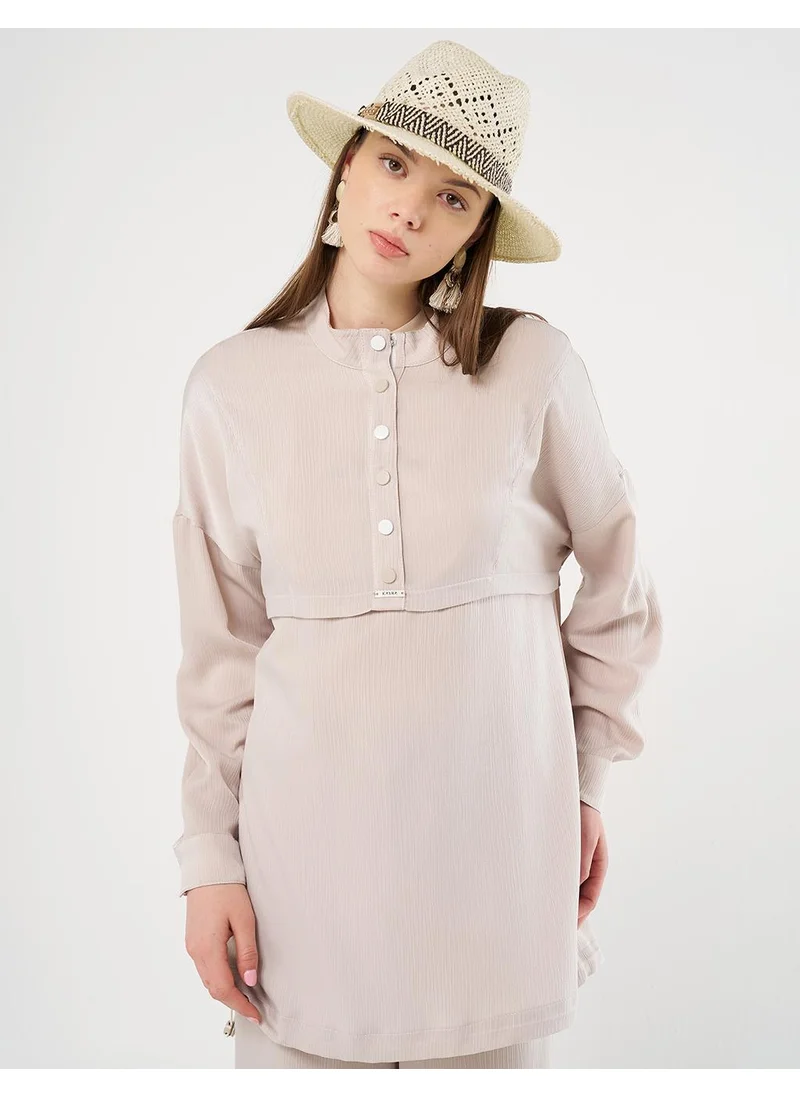 Kayra Snap-Button Closure High-Neck Sweatshirt in Stone