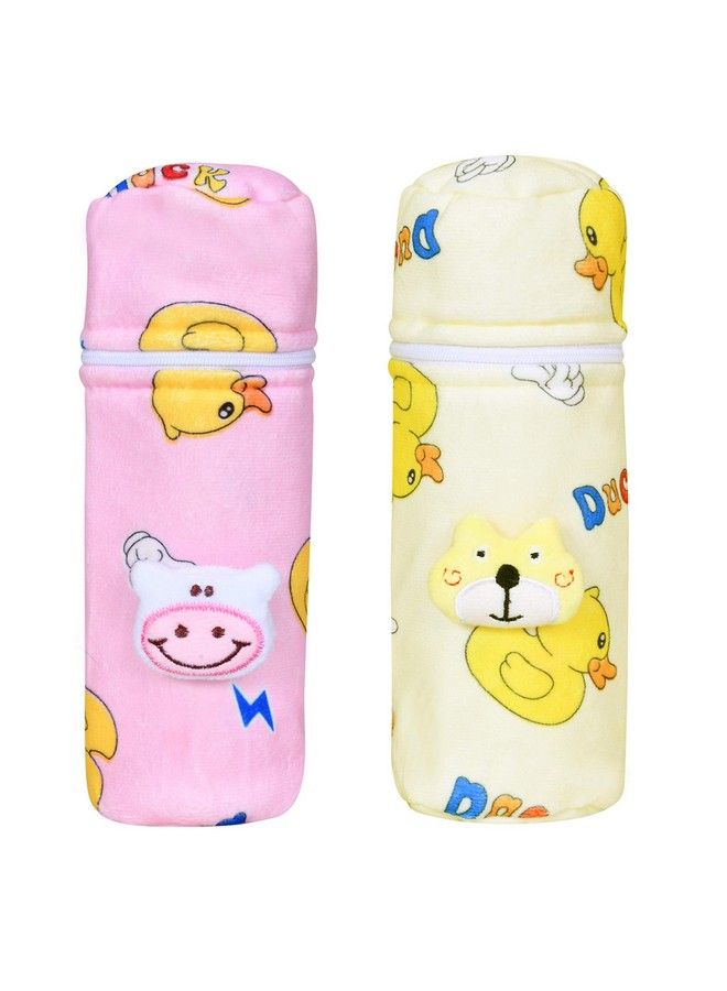 The Little Lookers Soft Plush Stretchable Baby Feeding Bottle Cover With Easy To Hold Strap ; Cute Animated Overall Print Pack Of 2 (Pink & Yellow Zip Closure 120Ml150Ml)