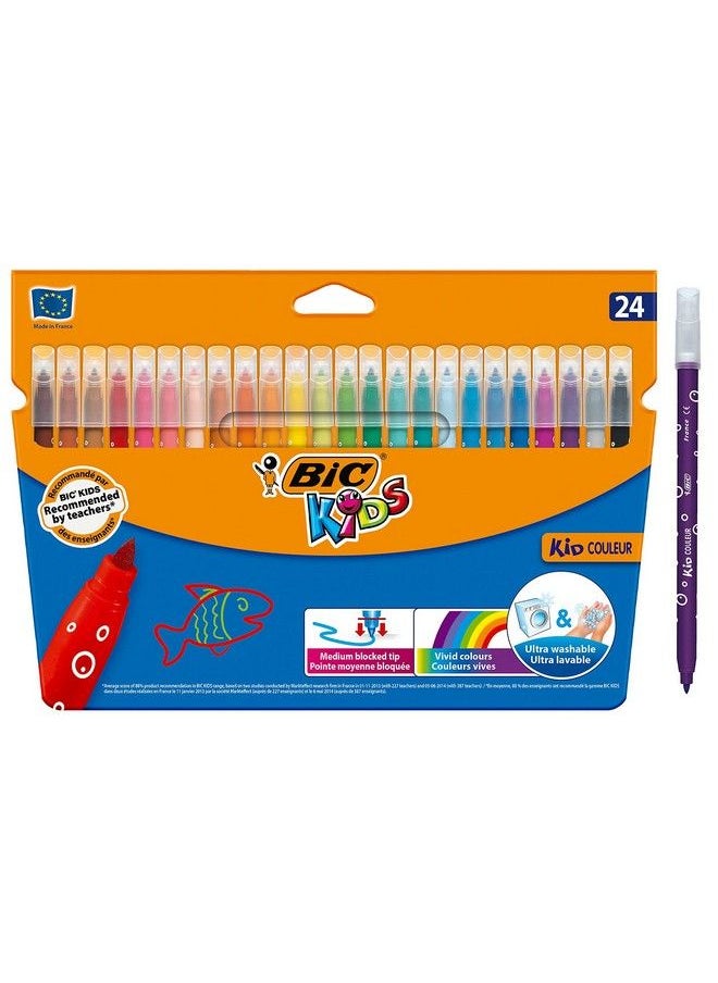 Bic أقلام تلوين للأطفال من مجموعة Kid Couleur، أقلام تلوين برأس لباد، ألوان متنوعة، محفظة من الورق المقوى تحتوي على 24 قلمًا  - Image 2
