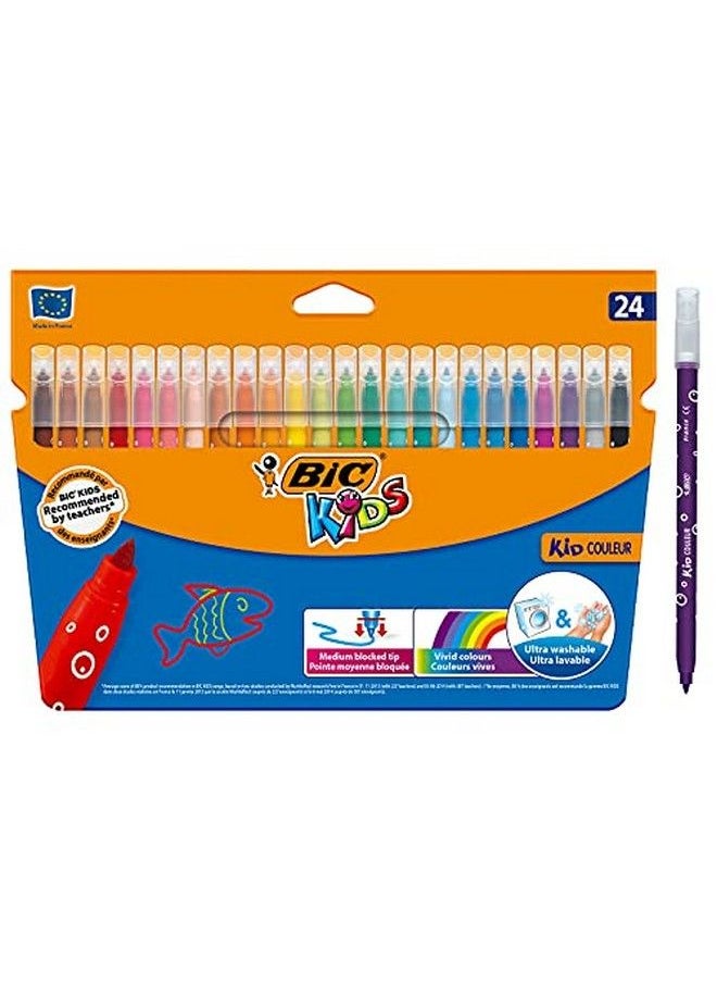 Bic أقلام تلوين للأطفال من مجموعة Kid Couleur، أقلام تلوين برأس لباد، ألوان متنوعة، محفظة من الورق المقوى تحتوي على 24 قلمًا  - Image 1