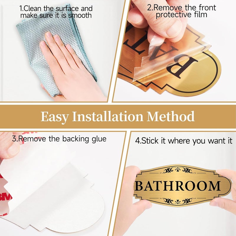 LUHIMO Bathroom Sign Sticker for Business and Home，Self-adhesive Brushed Gold Bathroom Decor for Door，Waterproof Vinyl Restroom Sign for House, Office, Shop - Image 3