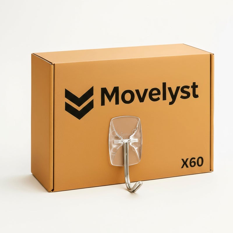 MOVELYST 60 Small Hooks+80 Removable Strips, Clear Wire Hanger Hooks, Damage-Free Utility Hooks, Heavy Duty with Adhesive Strips, No Tools Wall Hook for Hanging, Value Pack - Image 1