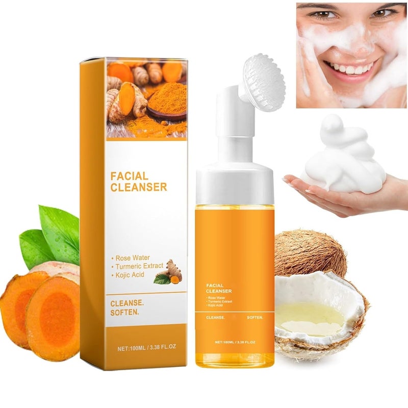 JISKG Turmeric Glow Wash Face Wash With Brush Deep Cleansing Scrub Exfoliating Turmeric Foaming Facial Cleanser For All Skin 100ml