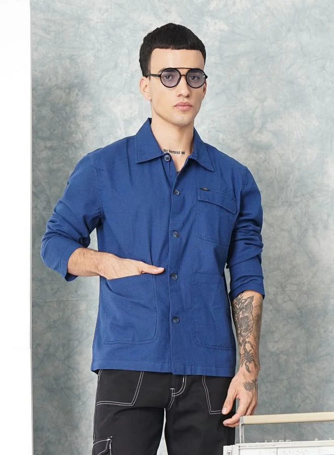 The Indian Garage Co Men Slim Fit Solid Full Sleeves Cutaway Collar Street Wear Over Shirt