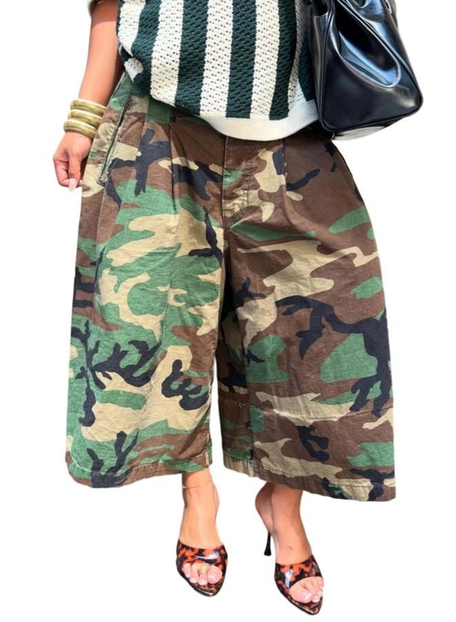 Unybwonn Women Baggy Cargo Jeans Camo Army Fatigue Wide Leg Harem Cropped Denim Pants Plus Size Camouflage Jean Trousers, A-green, XL - Image 1