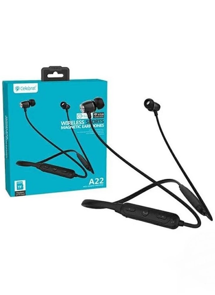 Celebrat - Celebrate A22 magnetic wireless sports earphones with HD microphone, featuring stereo surround sound, has a memory card slot, gives you a very comfortable wearing experience - black color - Image 1