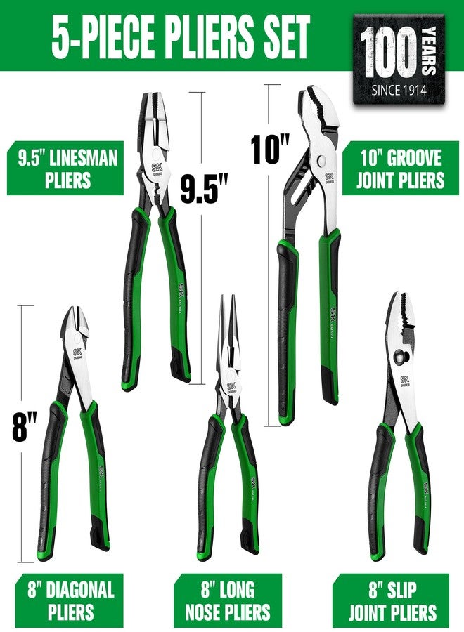 SK 5-Piece Pliers Set, 8" Long Nose, 9.5" Linesman, 8" Slip Joint, 8" Diagonal, and 10" Groove Joint, Premium CR-V Construction, with EVA Foam Tool Organizer - Image 3