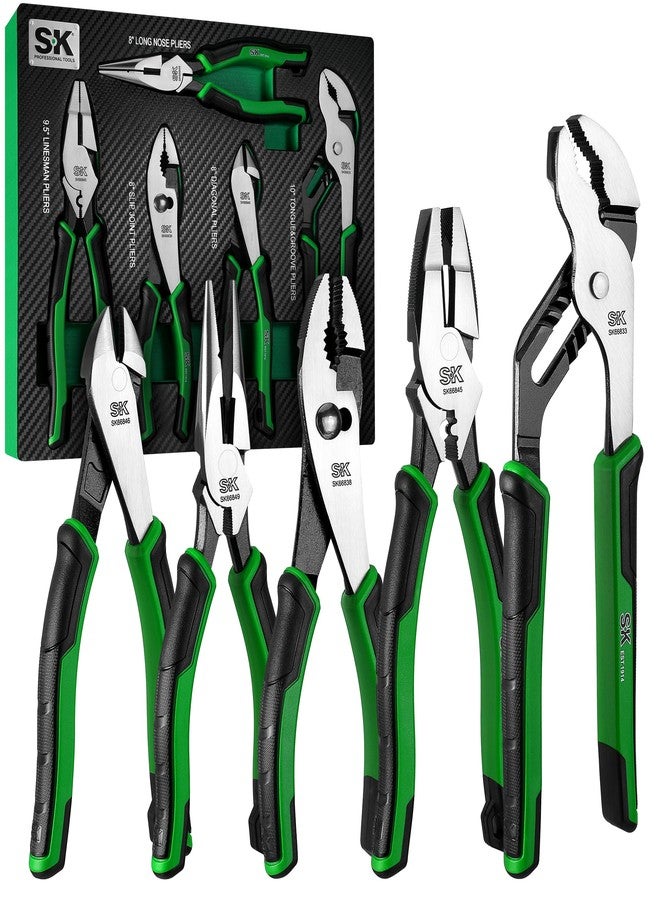 SK 5-Piece Pliers Set, 8" Long Nose, 9.5" Linesman, 8" Slip Joint, 8" Diagonal, and 10" Groove Joint, Premium CR-V Construction, with EVA Foam Tool Organizer - Image 1