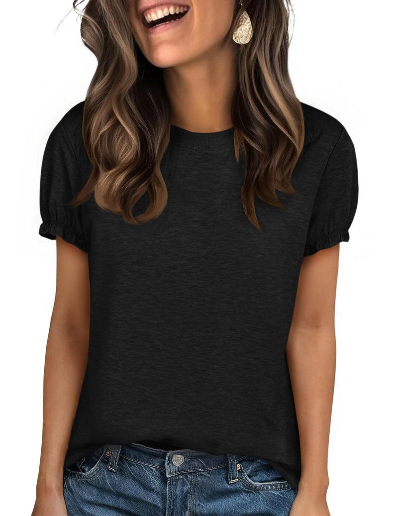 Cicy Bell Womens Ruffle Short Sleeve T Shirt Summer Casual Crew Neck Tops Loose Fit Basic Tees Black - Image 1