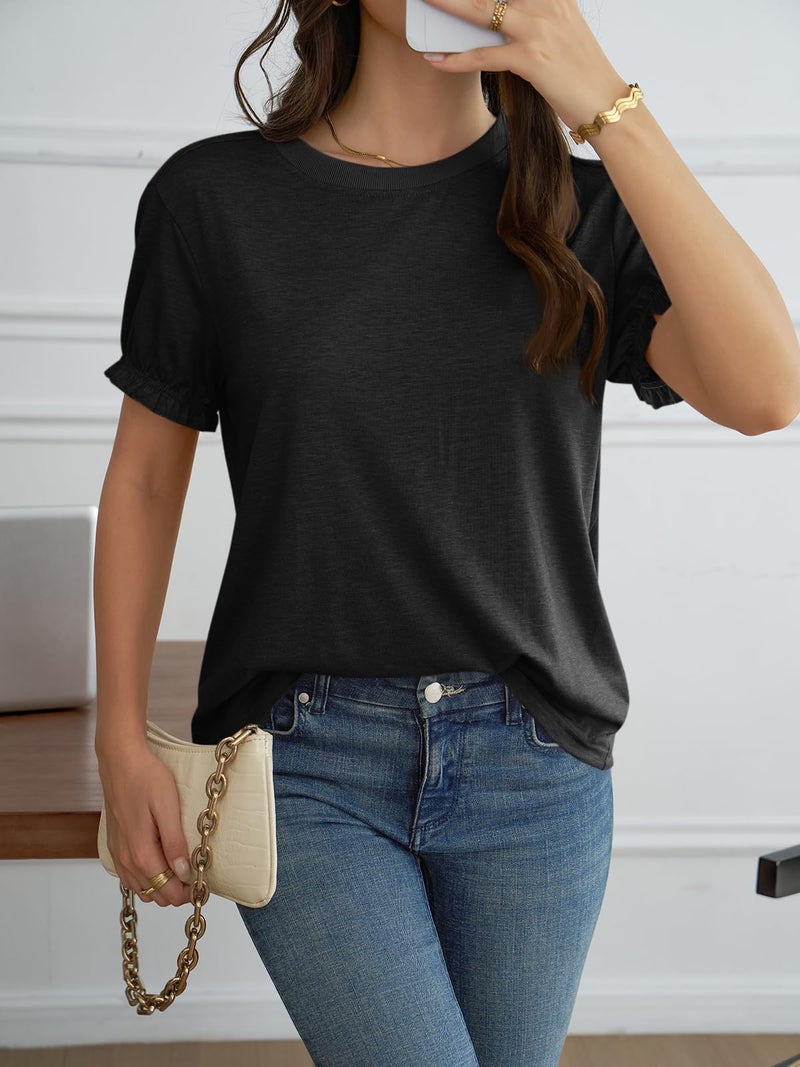Cicy Bell Womens Ruffle Short Sleeve T Shirt Summer Casual Crew Neck Tops Loose Fit Basic Tees Black - Image 5