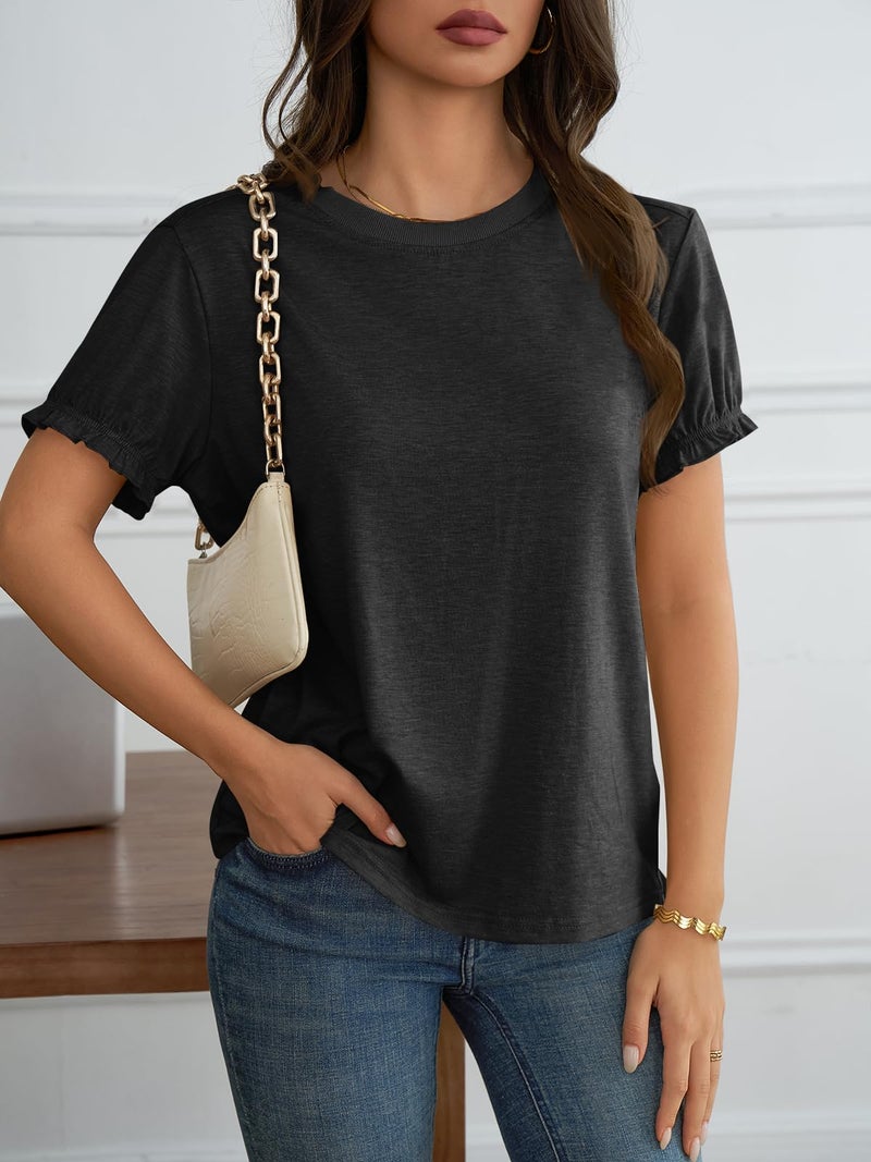 Cicy Bell Womens Ruffle Short Sleeve T Shirt Summer Casual Crew Neck Tops Loose Fit Basic Tees Black - Image 4