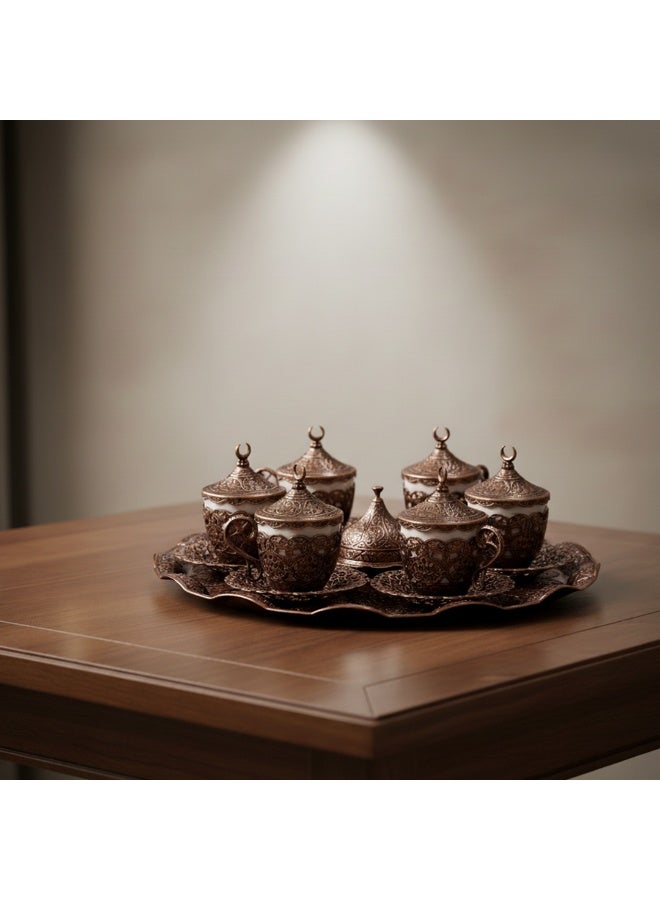 أكار طقم قهوة تركية فاخر لـ 6 أشخاص بالتراث العثماني الأنيق مع صحون، حوامل، أغطية فناجين، صينية وطبق مغطى للحلويات – باللون الأحمر البرونزي الساحر – صناعة تركية - Image 2