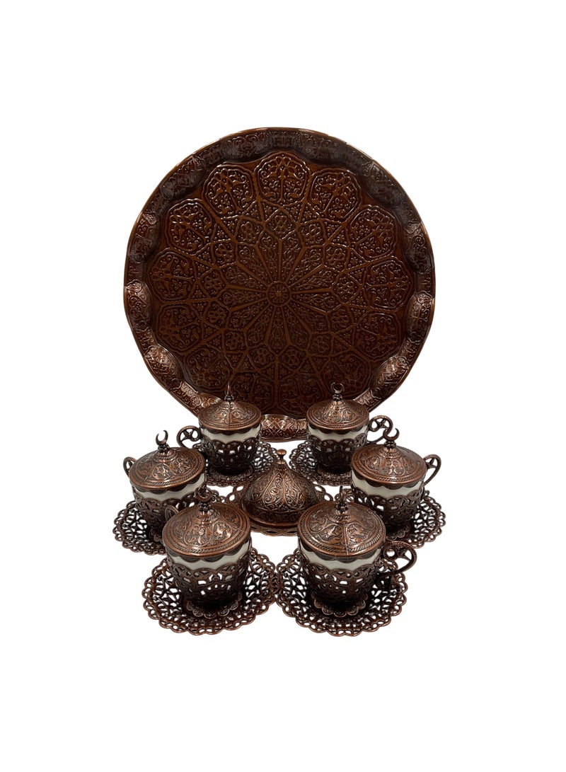 أكار طقم قهوة تركية فاخر لـ 6 أشخاص بالتراث العثماني الأنيق مع صحون، حوامل، أغطية فناجين، صينية وطبق مغطى للحلويات – باللون الأحمر البرونزي الساحر – صناعة تركية - Image 3