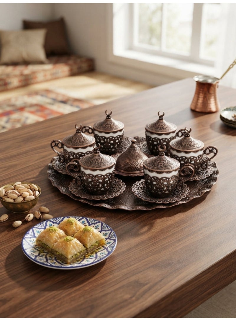 Acar Luxury 6-Person Turkish Coffee Set in Elegant Ottoman Style with Saucers, Holders, Cup Covers, Tray & Covered Sweet Dish – Magical Red Bronze Finish – Made in Turkey - Image 1