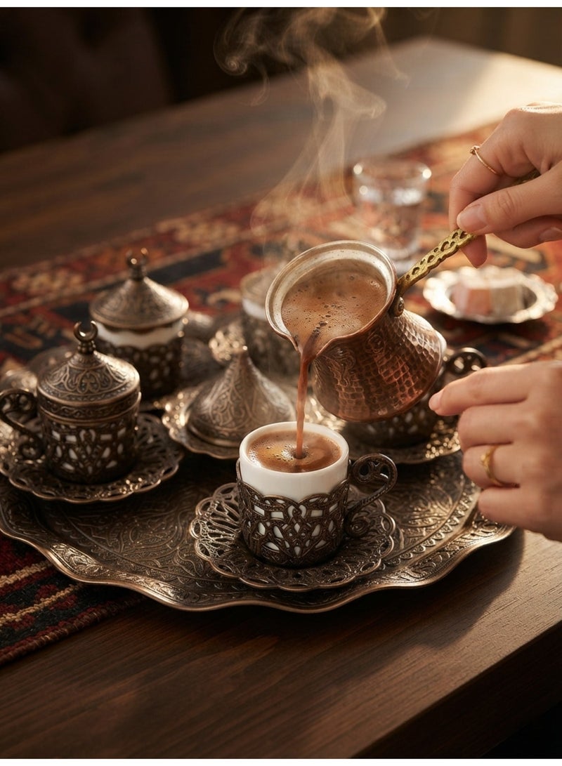 Acar Luxury 6-Person Turkish Coffee Set in Elegant Ottoman Style with Saucers, Holders, Cup Covers, Tray & Covered Sweet Dish – Magical Red Bronze Finish – Made in Turkey - Image 3