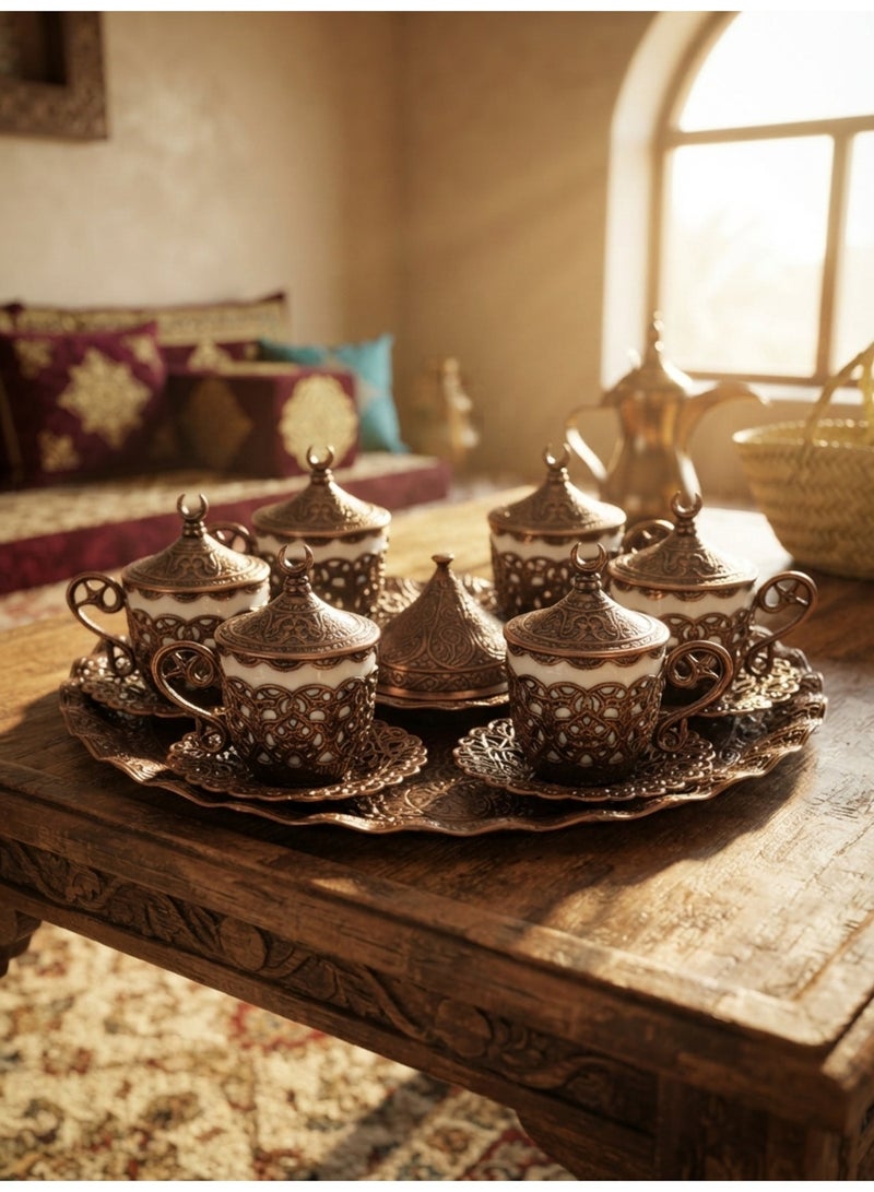 Acar Luxury 6-Person Turkish Coffee Set in Elegant Ottoman Style with Saucers, Holders, Cup Covers, Tray & Covered Sweet Dish – Magical Red Bronze Finish – Made in Turkey - Image 4