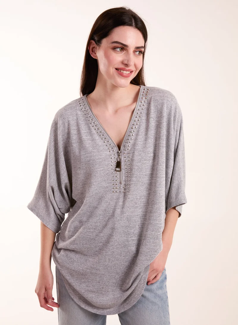 Blue Vanilla Studded Half Zip Front Top