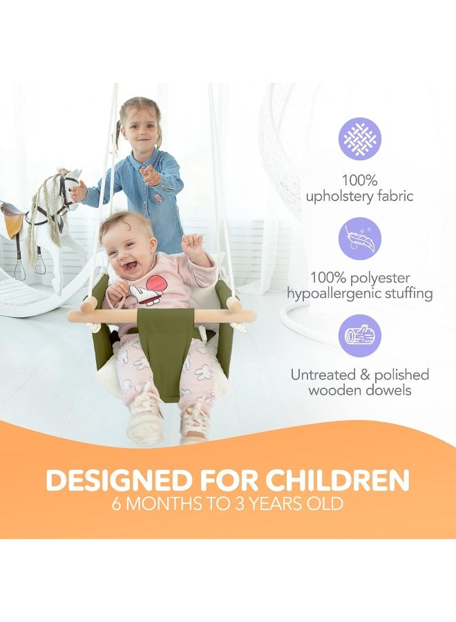 CaTeam - Canvas Baby Swing, Wooden Hanging Swing Seat Chair with Safety Belt, Durable Baby Swing Chair, Outdoor and Indoor Swing for Kids, Mounting Hardware Included, Green - Image 2