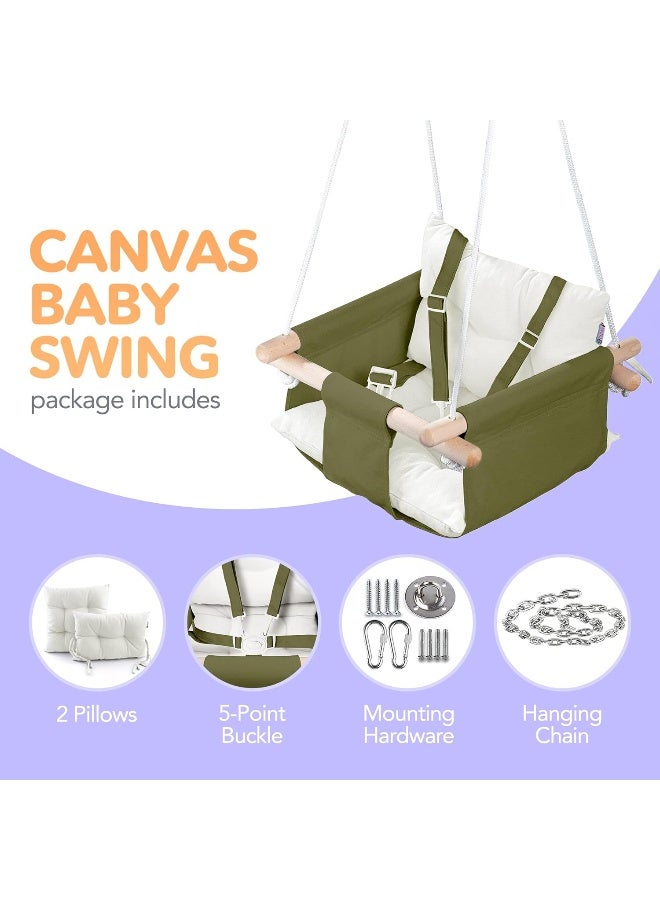 CaTeam - Canvas Baby Swing, Wooden Hanging Swing Seat Chair with Safety Belt, Durable Baby Swing Chair, Outdoor and Indoor Swing for Kids, Mounting Hardware Included, Green - Image 3