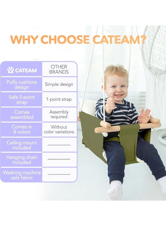 CaTeam - Canvas Baby Swing, Wooden Hanging Swing Seat Chair with Safety Belt, Durable Baby Swing Chair, Outdoor and Indoor Swing for Kids, Mounting Hardware Included, Green - Image 4
