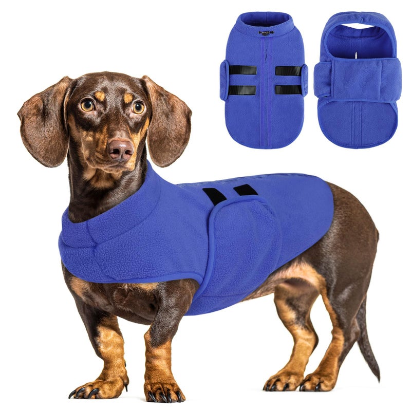 Queenmore Soft Fleece Dog Jacket, Warm Winter Coats with Leash Hole, Dachshund Sweaters for Small Dogs Cats Boy or Girl (Blue, L) - Image 1