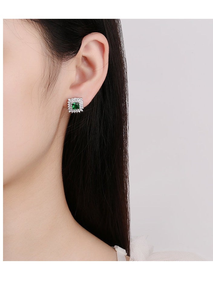 JEEJPV - Ladies Fashion Emerald Gemstone Earrings Girls Jewelry Square Gemstone Diamond Silver Earrings - Image 1