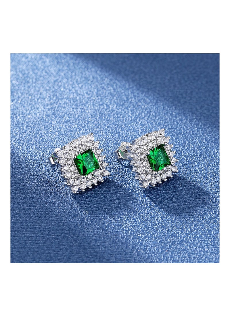 JEEJPV - Ladies Fashion Emerald Gemstone Earrings Girls Jewelry Square Gemstone Diamond Silver Earrings - Image 1