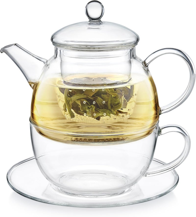 Teabloom Mindful Tea-for-One Set – 5-Piece Glass Teapot, Matching Cup & Saucer, Borosilicate & Stainless Steel Infusers, Elegant Gift for Personal Tea Rituals - Image 1