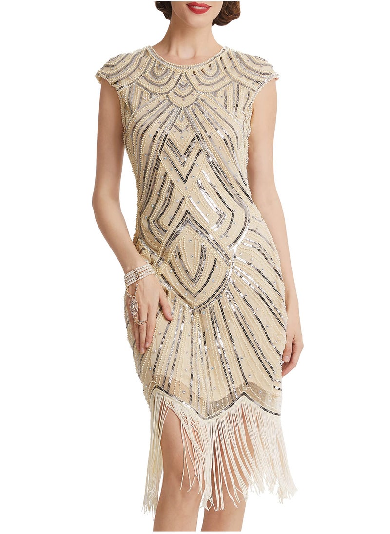 Excefore - Women's Flapper Dresses 1920s Beaded Fringed Great Gatsby Dress, Beige/M - Image 1