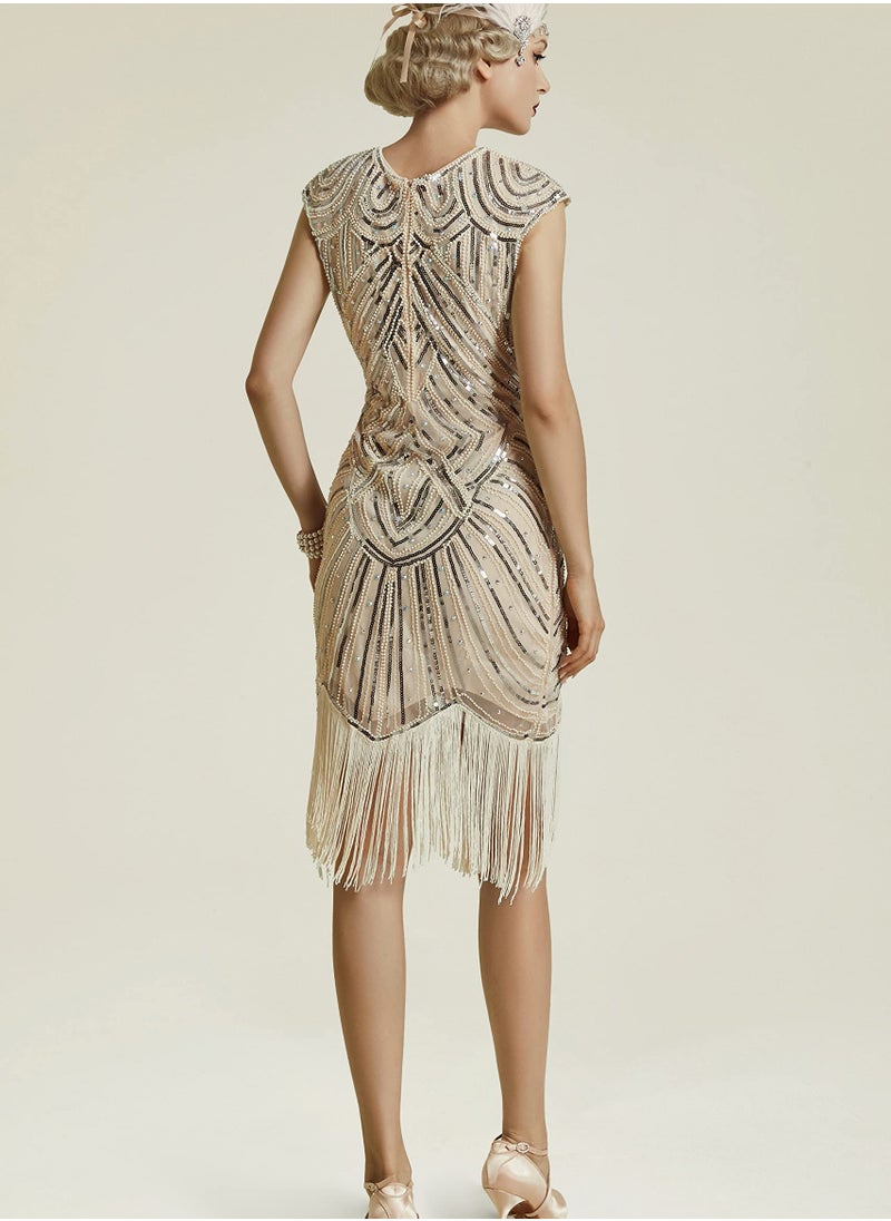 Excefore - Women's Flapper Dresses 1920s Beaded Fringed Great Gatsby Dress, Beige/M - Image 1