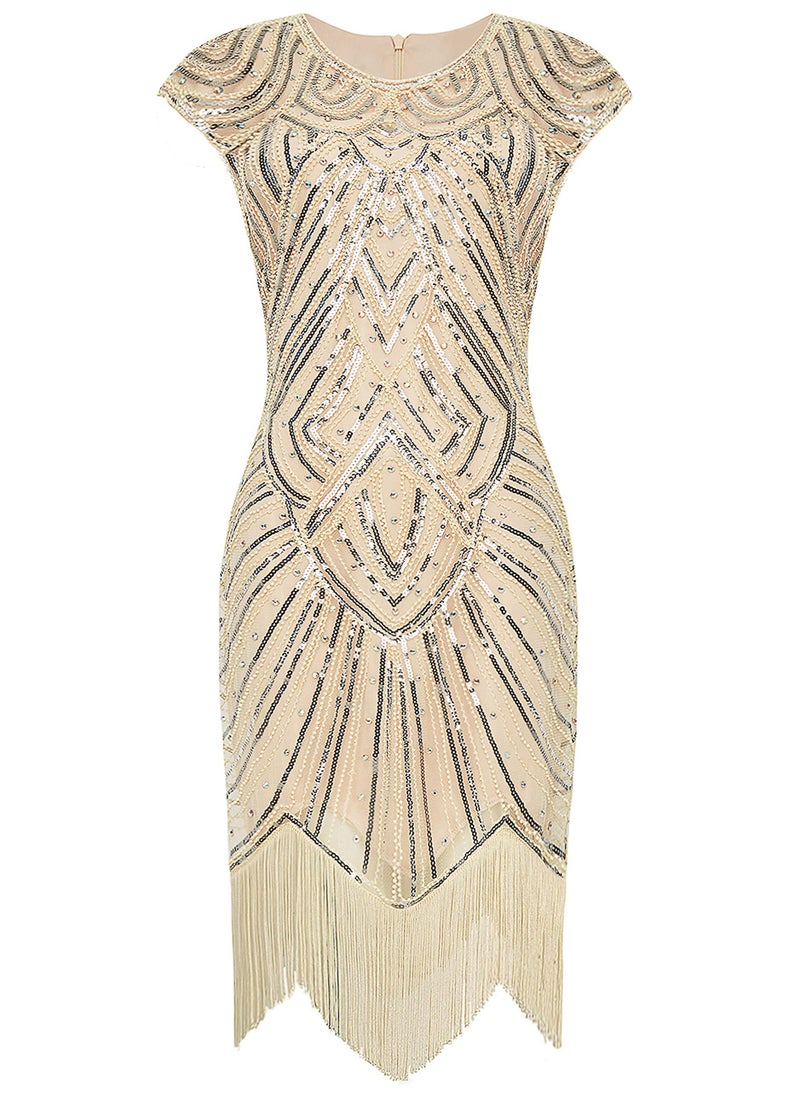 Excefore - Women's Flapper Dresses 1920s Beaded Fringed Great Gatsby Dress, Beige/M - Image 1
