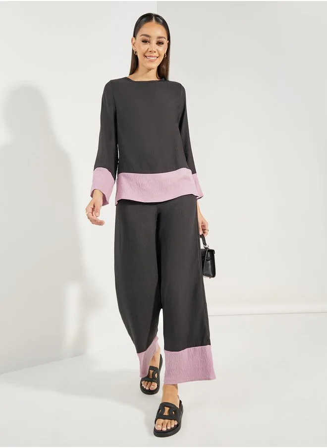 ستايلي Contrast Border Long Top & Wide Leg Pants Modest Set