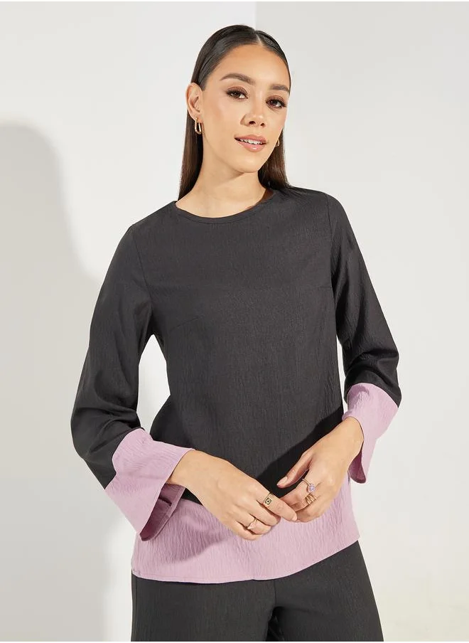 ستايلي Contrast Border Long Top & Wide Leg Pants Modest Set