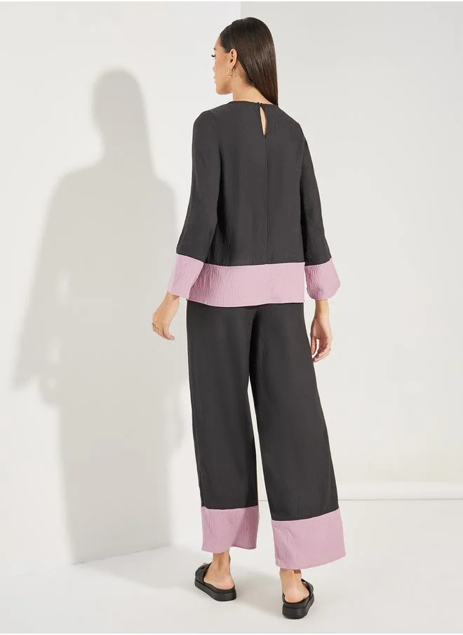 ستايلي Contrast Border Long Top & Wide Leg Pants Modest Set