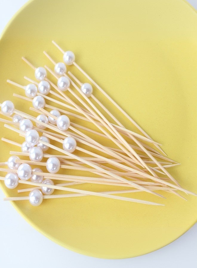 100 قطعة من اعواد الكوكتيل الخيزران للفواكه، اعواد اسنان خشبية، اسياخ طعام صغيرة، مع لؤلؤ أبيض، مناسبة للحفلات والوجبات الخفيفة والمقبلات واسياخ الفواكه والشواء واكسسوارات التزيين - Image 5