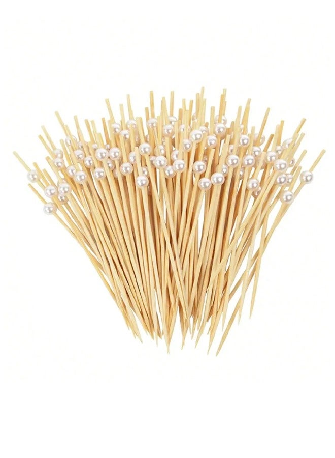100 قطعة من اعواد الكوكتيل الخيزران للفواكه، اعواد اسنان خشبية، اسياخ طعام صغيرة، مع لؤلؤ أبيض، مناسبة للحفلات والوجبات الخفيفة والمقبلات واسياخ الفواكه والشواء واكسسوارات التزيين - Image 1