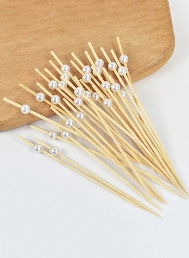 100 قطعة من اعواد الكوكتيل الخيزران للفواكه، اعواد اسنان خشبية، اسياخ طعام صغيرة، مع لؤلؤ أبيض، مناسبة للحفلات والوجبات الخفيفة والمقبلات واسياخ الفواكه والشواء واكسسوارات التزيين - Image 3
