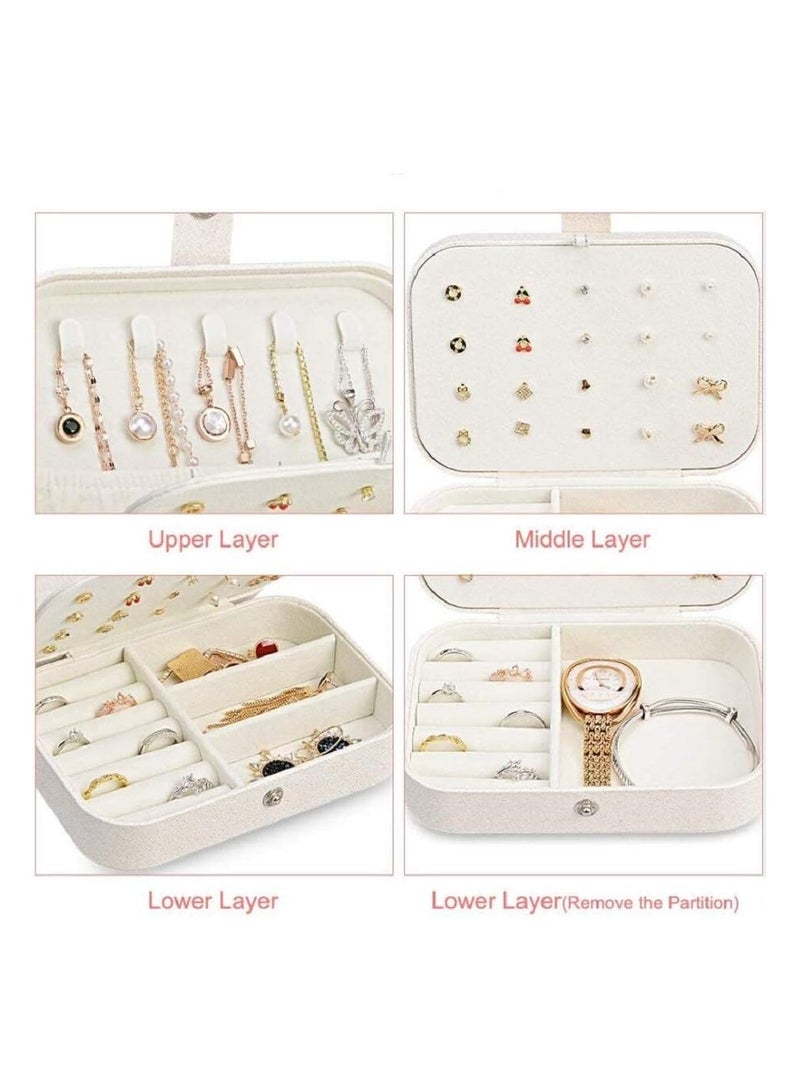 فولانري صندوق مجوهرات للسفر للنساء والفتيات، منظم مجوهرات صغير من جلد البولي يوريثان لتخزين الأقراط والخواتم والقلائد والأساور، طبقة مزدوجة لحمل المجوهرات (أبيض لامع) - Image 5