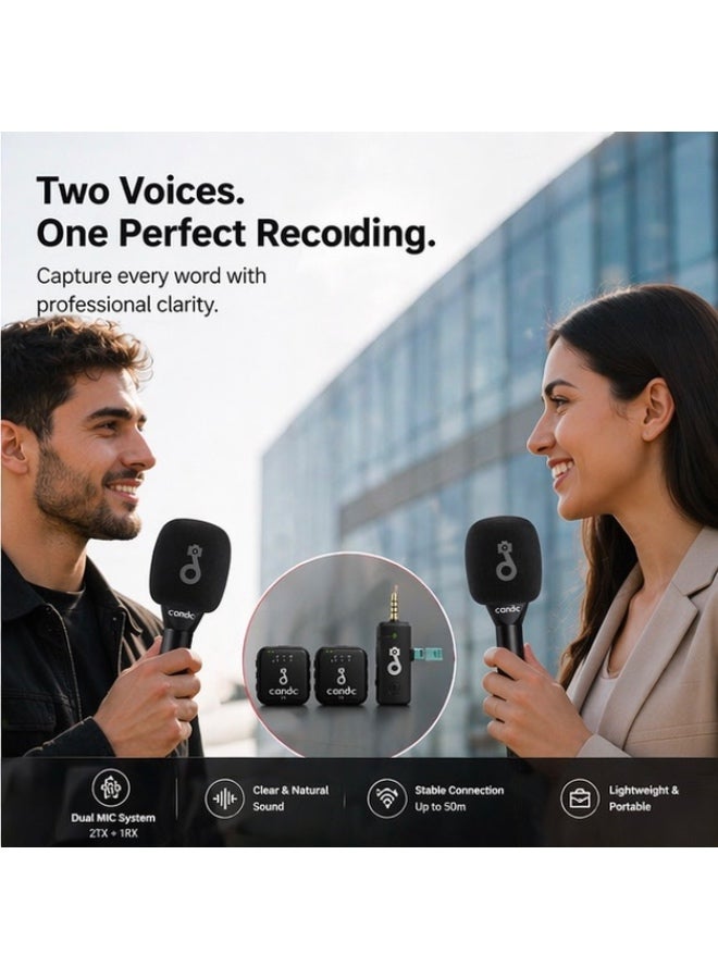 كاند سي مايكروفون مقابلات لاسلكي مزدوج candc (2 مرسل + 1 مستقبل) – صوت نقي وسهل الاستخدام للهواتف الذكية - Image 3